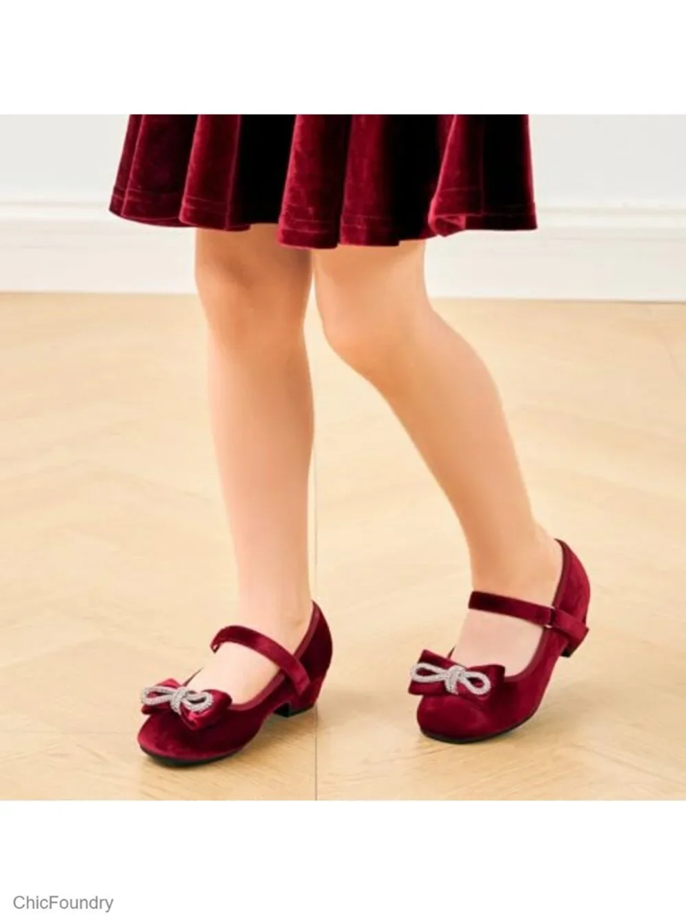 Girls Rhinestone Bow Dress Shoes Low Heels Mary Janes for Wedding Party